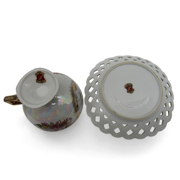 SHAFFORD Cup And Saucer Floral Design Gold Accents IRIDESCENT Finish Japan - Picture 9 of 11